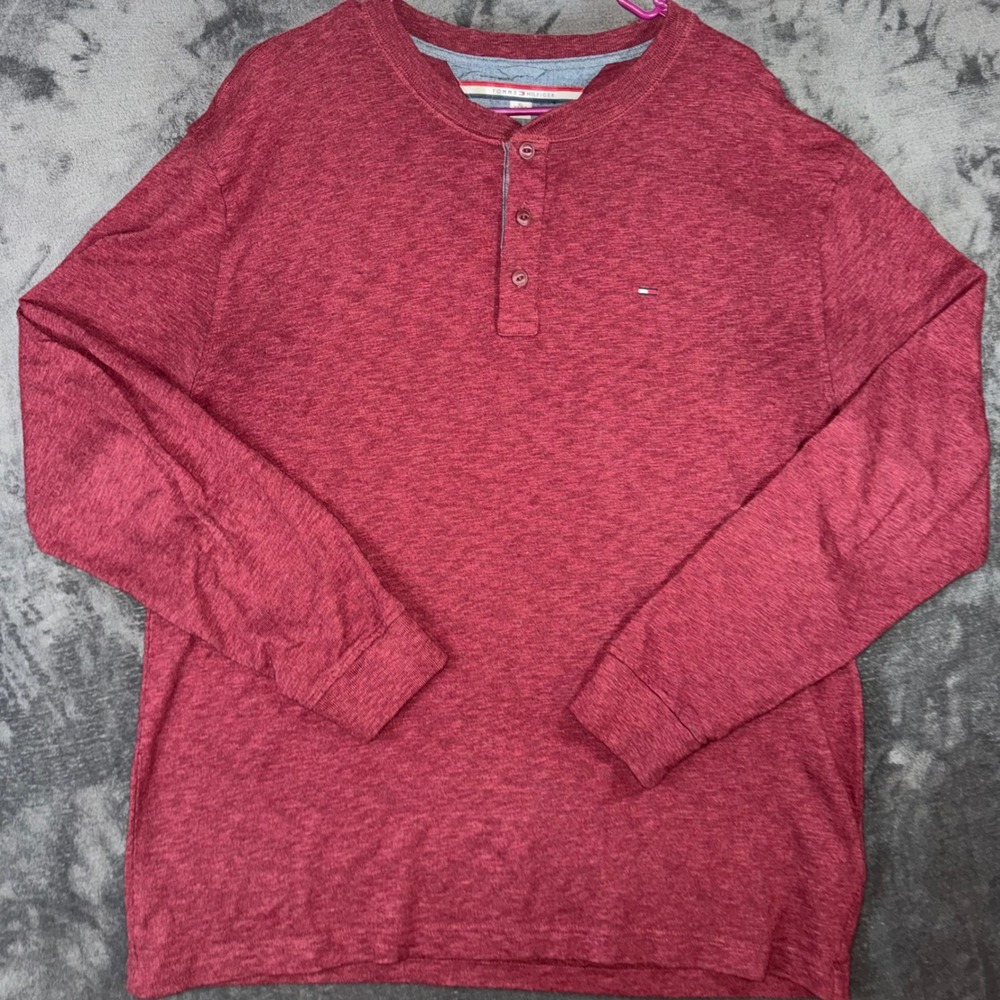 Mens XL Tommy Hilfiger Henley Shirt Burgundy Excellent Long Sleeve Heathered